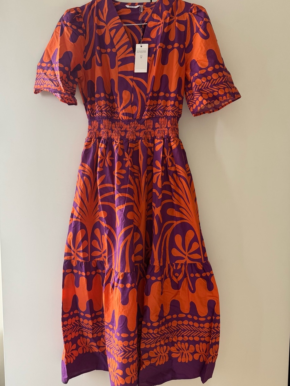 NWT Purple Orange Abstract Print Smocked Maxi Dress M